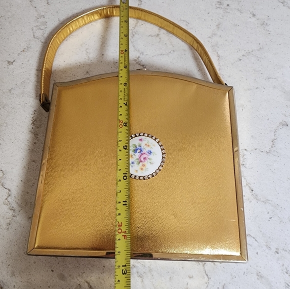 Vintage TYROLEAN NY Rigid Case Box Purse Gold Lame Rhinestone Cameo Roses - Picture 11 of 13